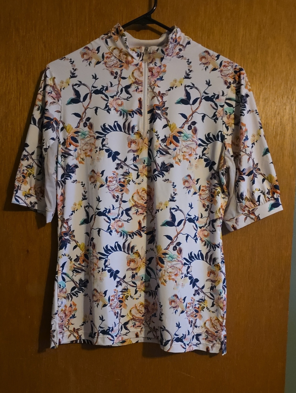 Kastel-Denmark 1/4 Zip Women's Shirt - White with Navy & Pastel Floral Print EUC